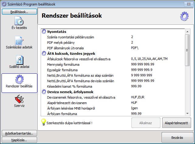 PDF számla beállításai